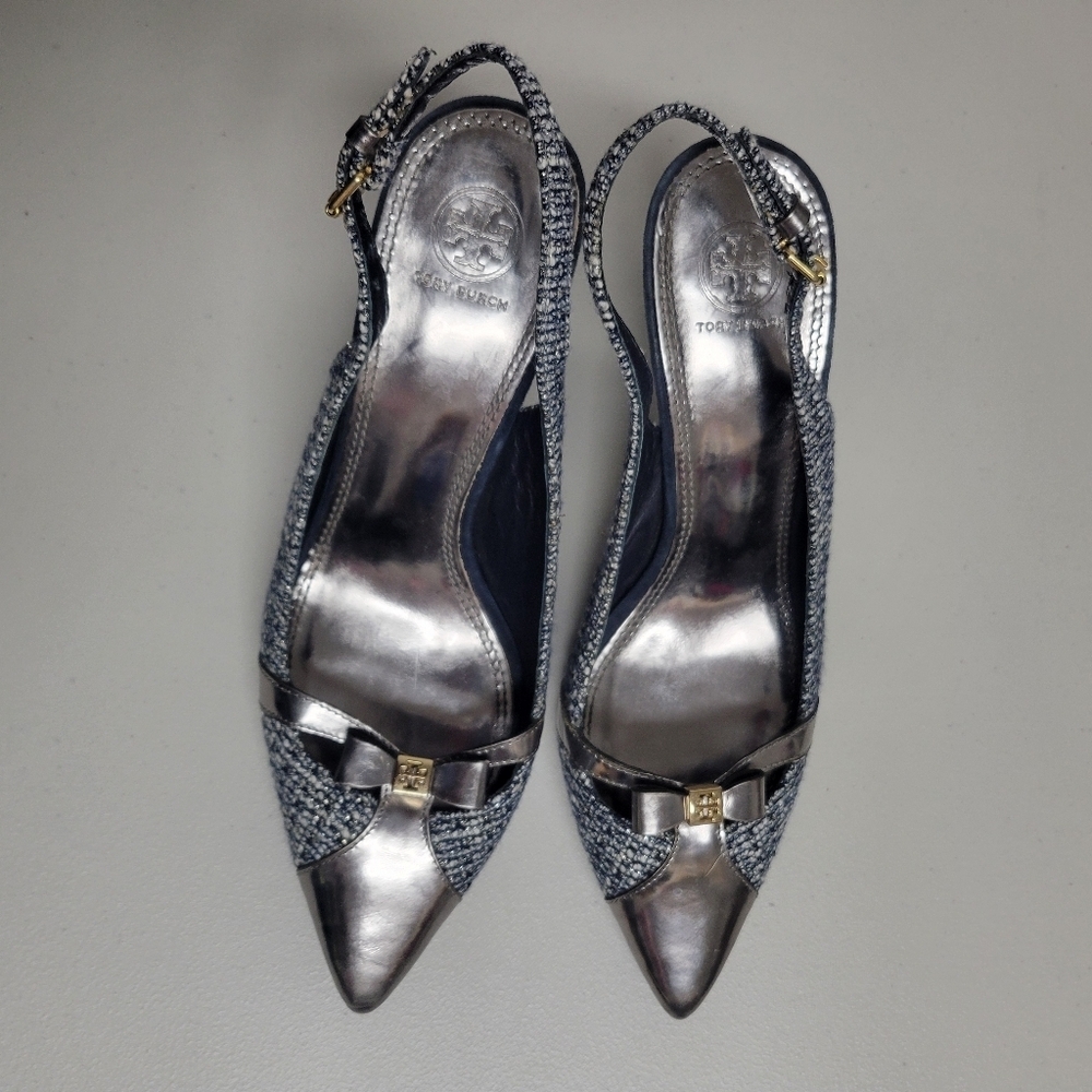 Tory Burch Tweed Metallic Bow Detail Pointy Toe Sling Back Heels.